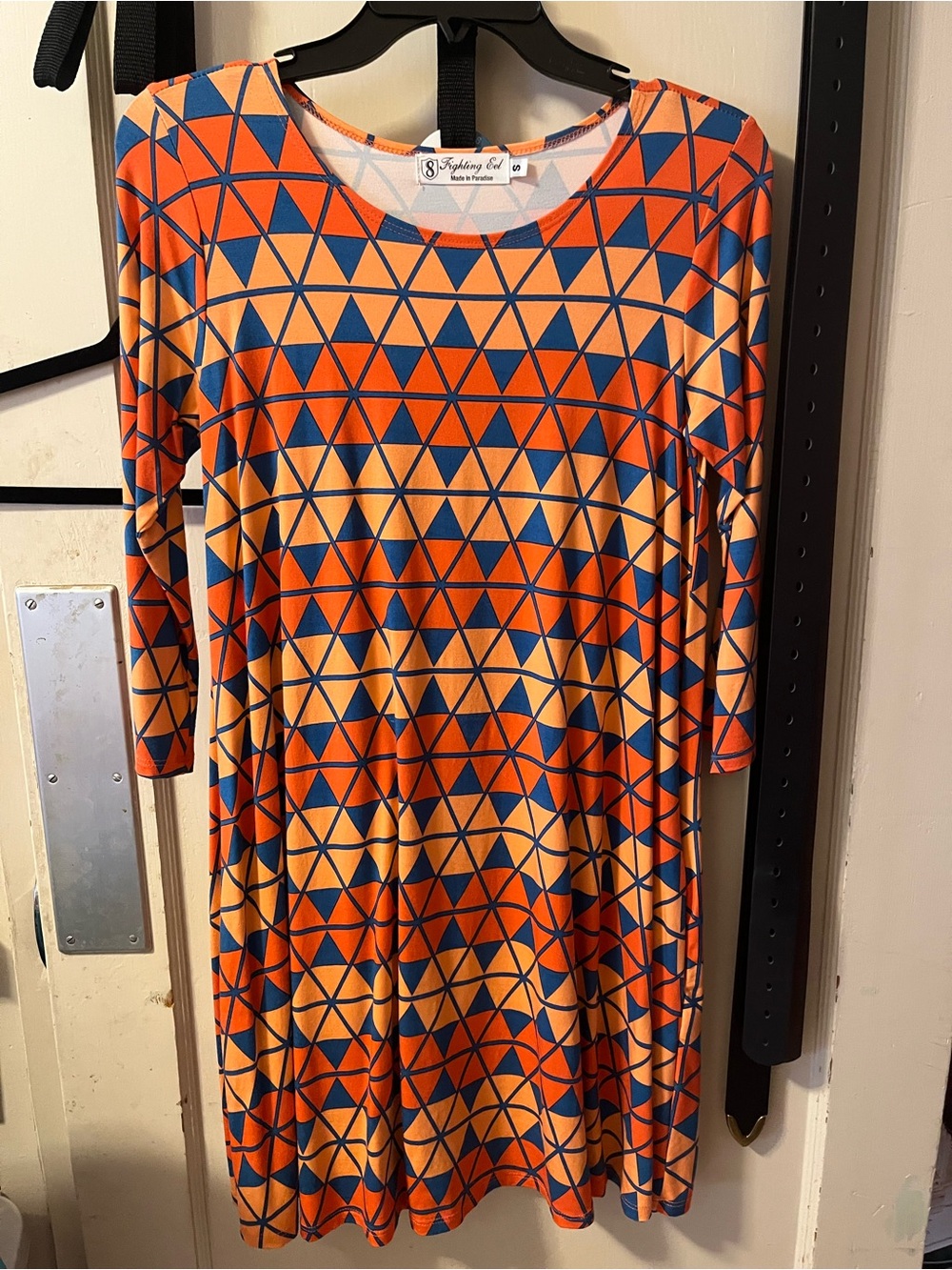 Fighting Eel Orange & Navy Geometric Midi Dress